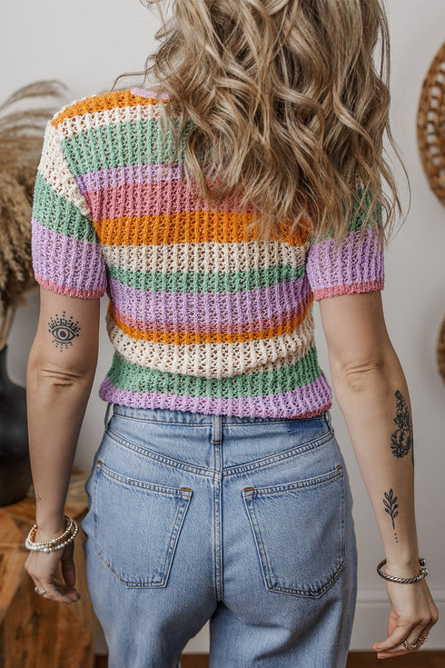 'Davina' Striped Button Down Knit Top - Celes Fashion